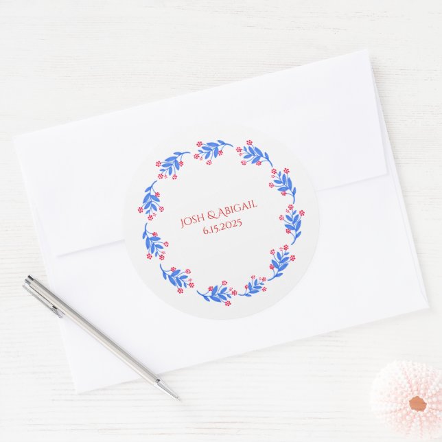 Sticker Rond couronne florale bleue et rouge (Enveloppe)