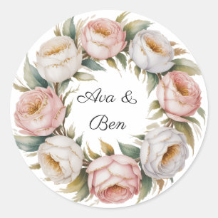 Sticker Rond Couronne florale de mariage Rose Fardée et Ivoire