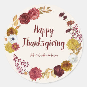 Sticker Rond Couronne florale de Thanksgiving Burgundy Gold