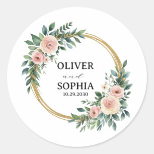 Sticker Rond Couronne florale dorée personnalisée pour mariage
