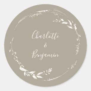Sticker Rond Couronne florale personnalisée Taupe Boho Calligra