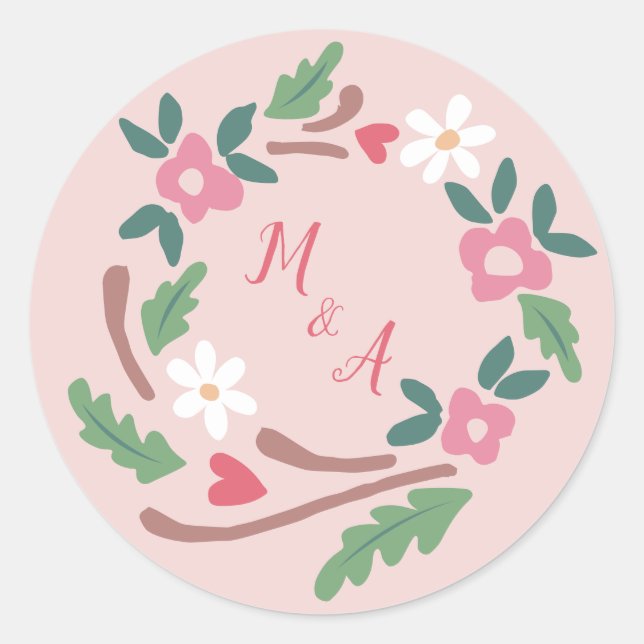 Sticker Rond Couronne florale rustique avec Monogramme (Devant)