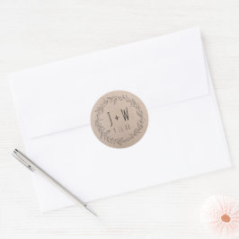 Sticker Rond Couronne florale rustique Kraft Papier Monogramme 