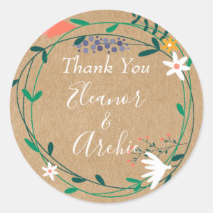 Sticker Rond Couronne florale rustique pour mariage Remerciemen