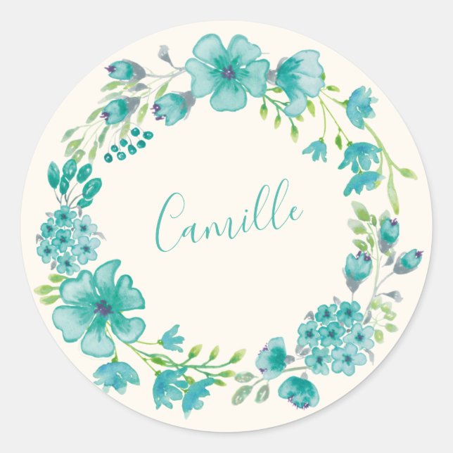 Sticker Rond Couronne florale verte Aqua personnalisée avec un  (Devant)