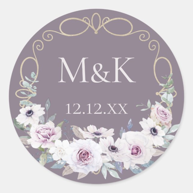 Sticker Rond Couronne florale violette Rose avec monogrammes (Devant)