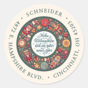 Sticker Rond Couronne Frohe Weihnachten USA Verte Adresse de Re