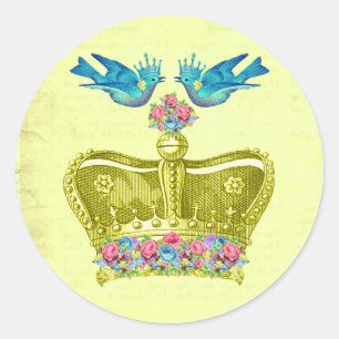 Sticker Rond Couronne jaune avec oiseaux bleus et fleurs