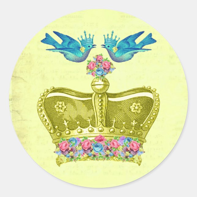 Sticker Rond Couronne jaune avec oiseaux bleus et fleurs (Devant)