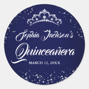 Sticker Rond Couronne Navy Silver Diamond Sparkle Quinceanera