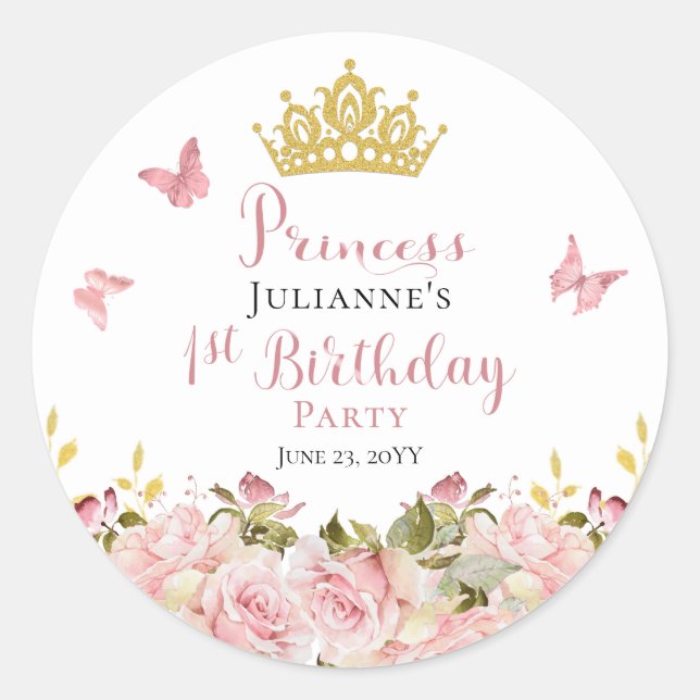 Sticker Rond Couronne | Papillons Floral Princess 1er anniversa (Devant)