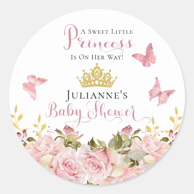 Sticker Rond Couronne | Papillons Floral Princess Baby shower (Devant)