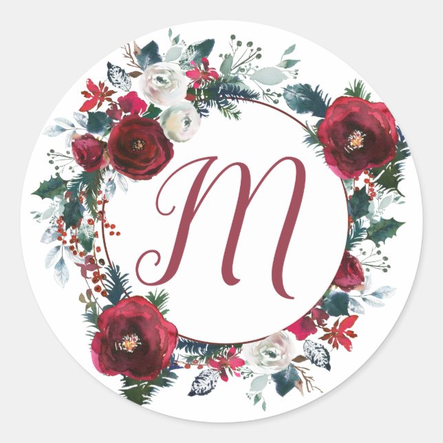 Sticker Rond Couronne rose de Noël fleurie de Noël monogramme (Devant)