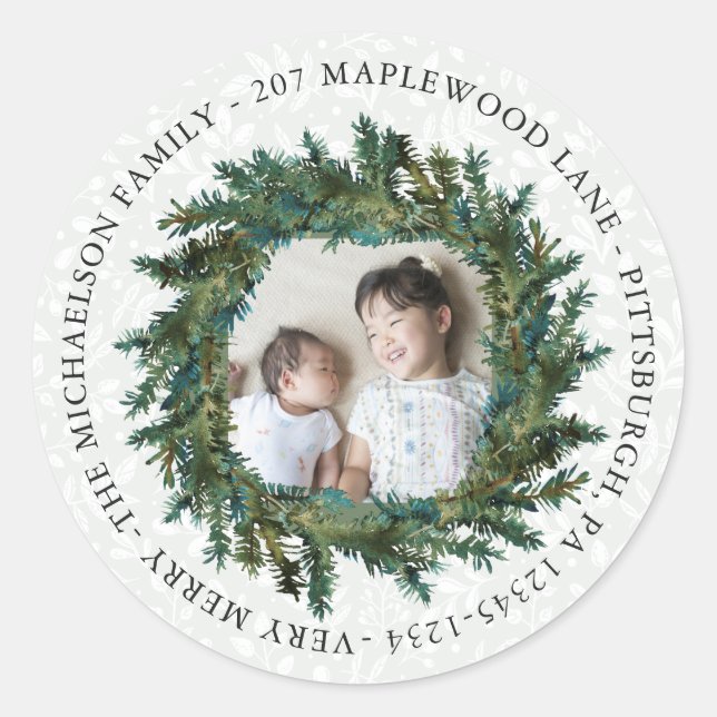 Sticker Rond Couronne rustique avec photo et adresse de retour (Devant)