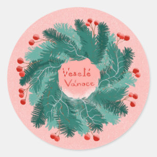 Sticker Rond Couronne tchèque de Noël Joyeux