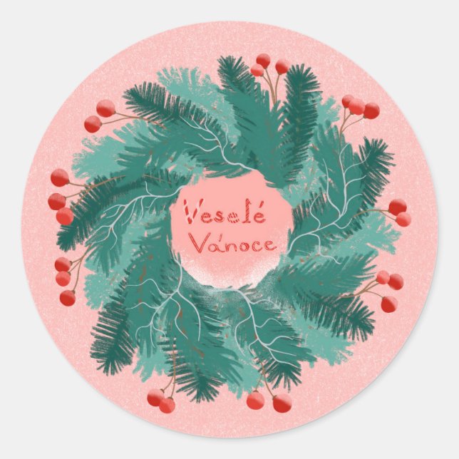 Sticker Rond Couronne tchèque de Noël Joyeux (Devant)