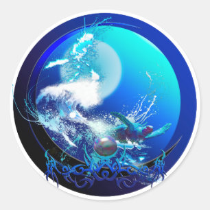 STICKER ROND COURSE DE LUNE BLUE TURTTUE SEA