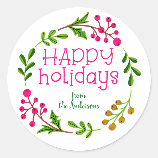 Sticker Rond Coutume Rose et Blanc Joyeux Vacances Wreath (Devant)