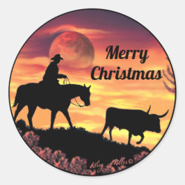 Sticker Rond Cow-boy Herding Longhorn Steer