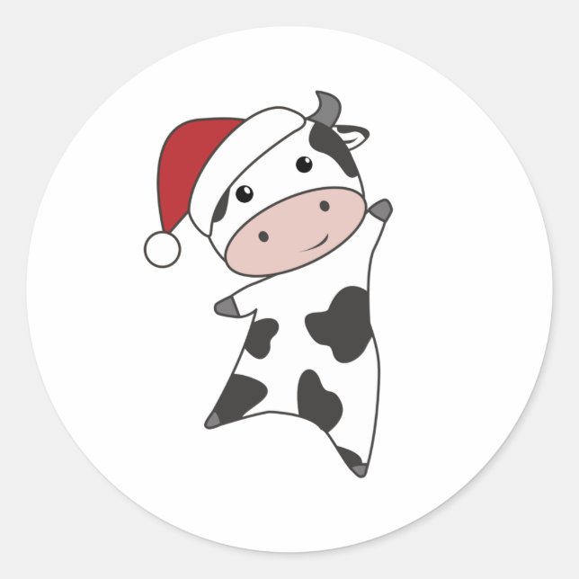 Sticker Rond Cow Cheerful Christmas Winter Animals (Devant)