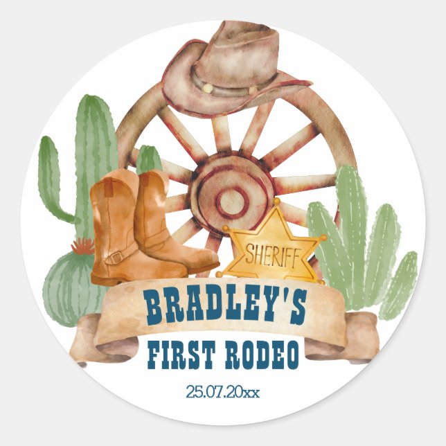 Sticker Rond Cowboy 1er rodéo cheval ferme fête personnalisée (Devant)
