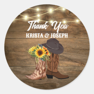 Sticker Rond Cowboy Boots Sunflower Western Wedding Favoriser