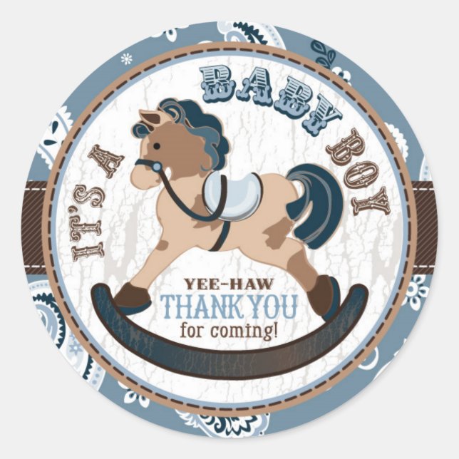 Sticker Rond Cowboy Rocking Horse Baby shower de l'Ouest (Devant)