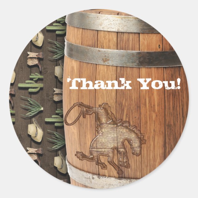 Sticker Rond Cowboy Western Rodeo en bois Barrel Anniversaire F (Devant)