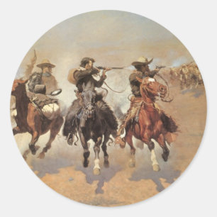 Sticker Rond Cowboys d'antan, Une ruée vers le bois par Remingt