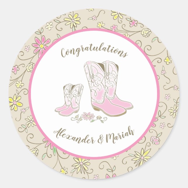 Sticker Rond Cowgirl Baby shower Pays Western Rose Girl (Devant)