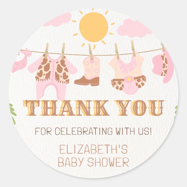 Sticker Rond Cowgirl Clothesline Western Baby shower Merci (Devant)