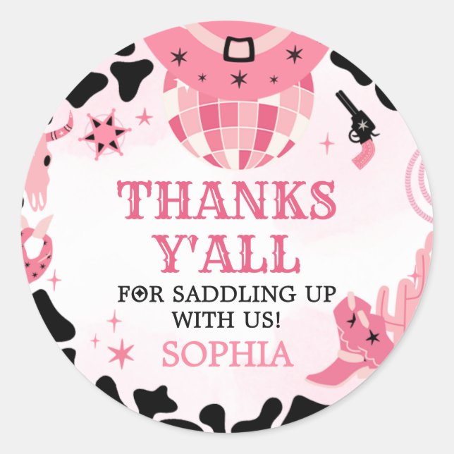 Sticker Rond Cowgirl Disco fête d'anniversaire (Devant)