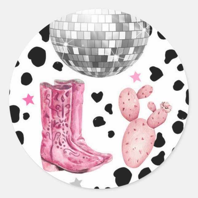 Sticker Rond Cowgirl Disco Rodéo Douche Anniversaire Cupcake (Devant)