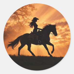 Sticker Rond Cowgirl et cheval Coucher de soleil Country Wester