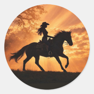 Sticker Rond Cowgirl et cheval Coucher de soleil Country Wester