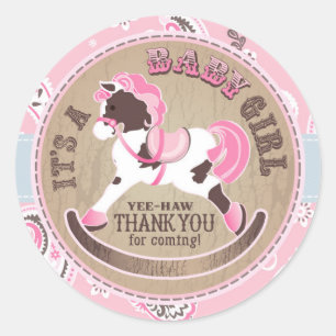Sticker Rond Cowgirl Rocking Horse Baby shower de l'Ouest