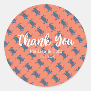 Sticker Rond Crabe Broil Boil Rouge Bleu Motif Mariage Merci