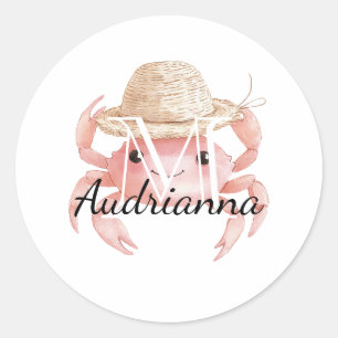 Sticker Rond Crabe rose avec monogramme sur chapeau