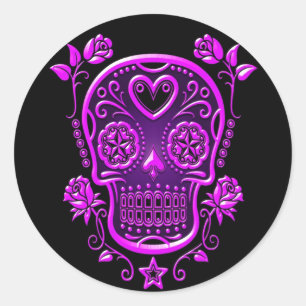 Sticker Rond Crâne à sucre avec Roses, violet