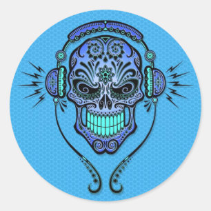 Sticker Rond Crâne à sucre DJ bleu