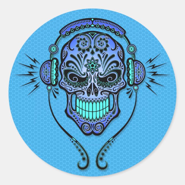 Sticker Rond Crâne à sucre DJ bleu (Devant)