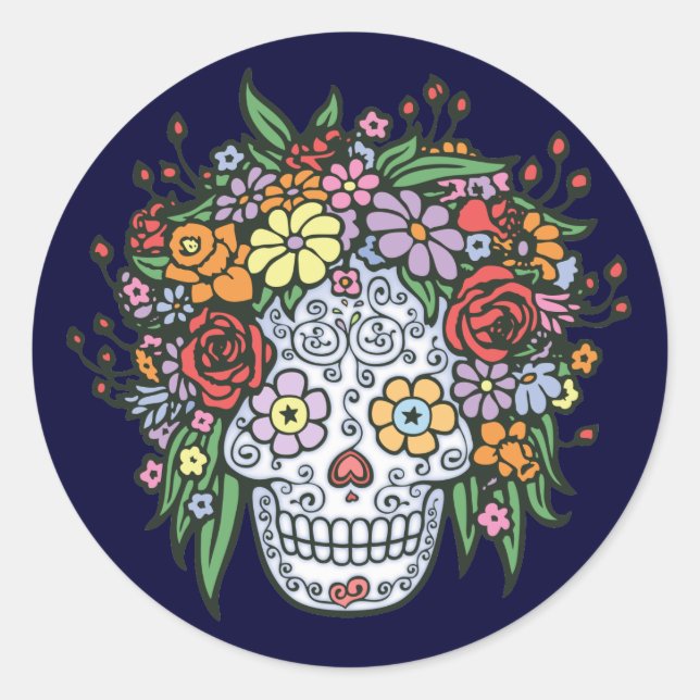 Sticker Rond Crâne à sucre en cheveux fleuris (Devant)