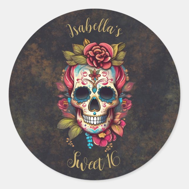 Sticker Rond Crâne à sucre fleuri Sweet 16 Anniversaire (Devant)