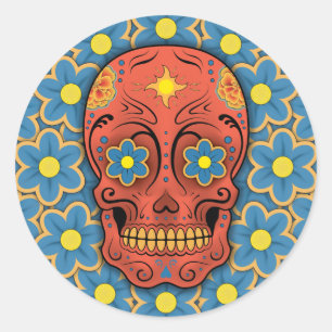 Sticker Rond Crâne à sucre - Jour des Morts (Bleus Daisies)
