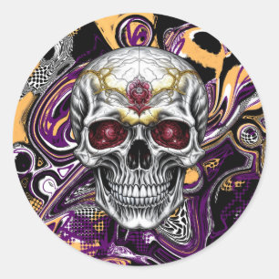 Sticker Rond Crâne à sucre pourpre et noir Halloween ou Día de 