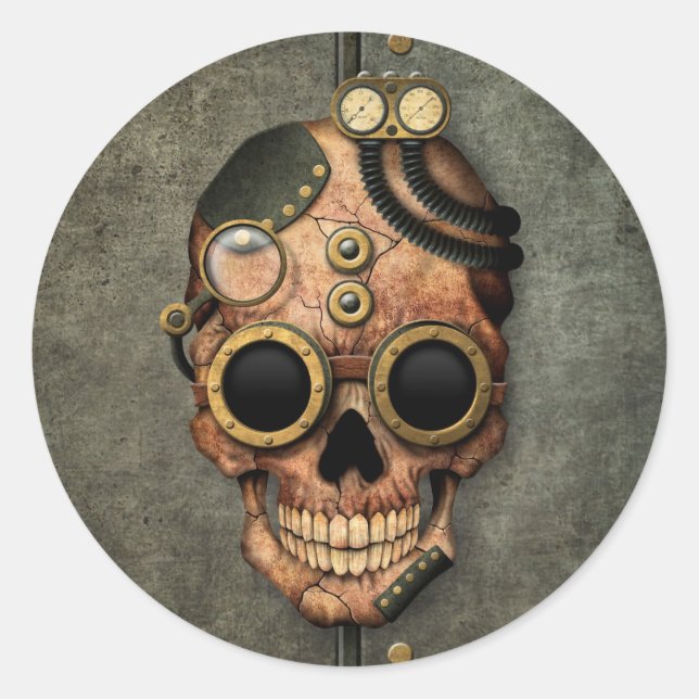 Sticker Rond Crâne à vapeur avec lunettes - Effet acier (Devant)