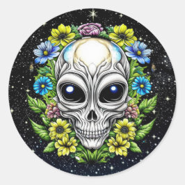 Sticker Rond Crâne Alien floral Extraterrestrial AI Art