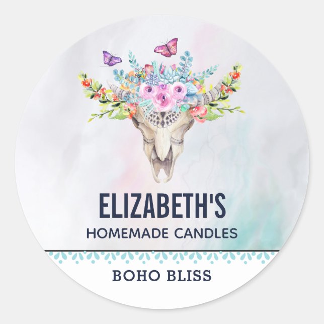 Sticker Rond Crâne animal Boho avec papillons Bougie / Savon (Devant)