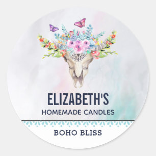 Sticker Rond Crâne animal Boho avec papillons Bougie / Savon