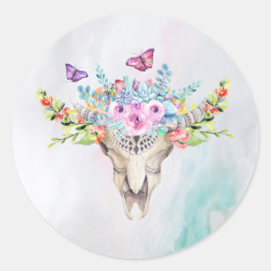 Sticker Rond Crâne animal Boho avec papillons et fleurs